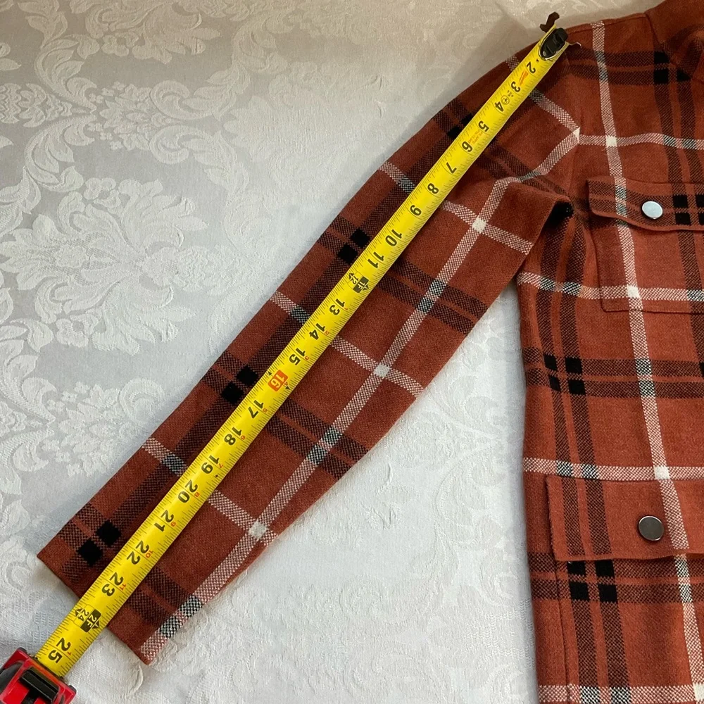 Joie Plaid Knit Jacket Shacket Zip & Snap Button Front Rust/black Men Sz Medium - Picture 4 of 6